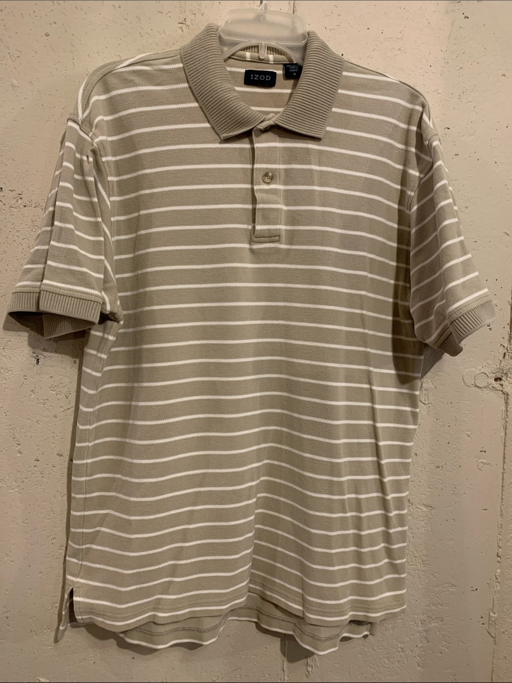 Izod Men's Taupe and White Striped Polo